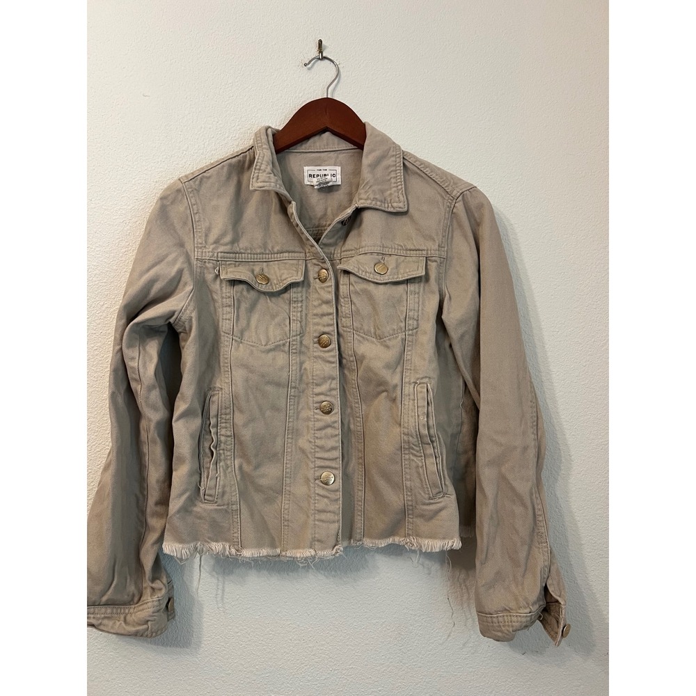 Republic Denim Jacket Frayed Hem Button Front‎ Tan Neutral Casual Jean Jacket